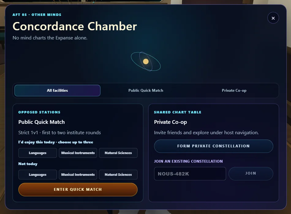 The Concordance Chamber panel with Public Quick Match on the left, including category preferences and an Enter Quick Match button, and Private Co-op on the right, with Form Private Constellation and a code field to join.