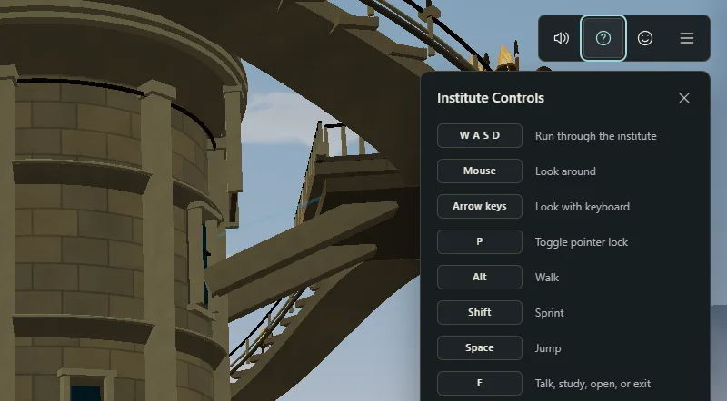 The Institute Controls panel open in the top-right corner of the screen, listing W A S D, Mouse, Arrow keys, P, Alt, Shift, Space and E.