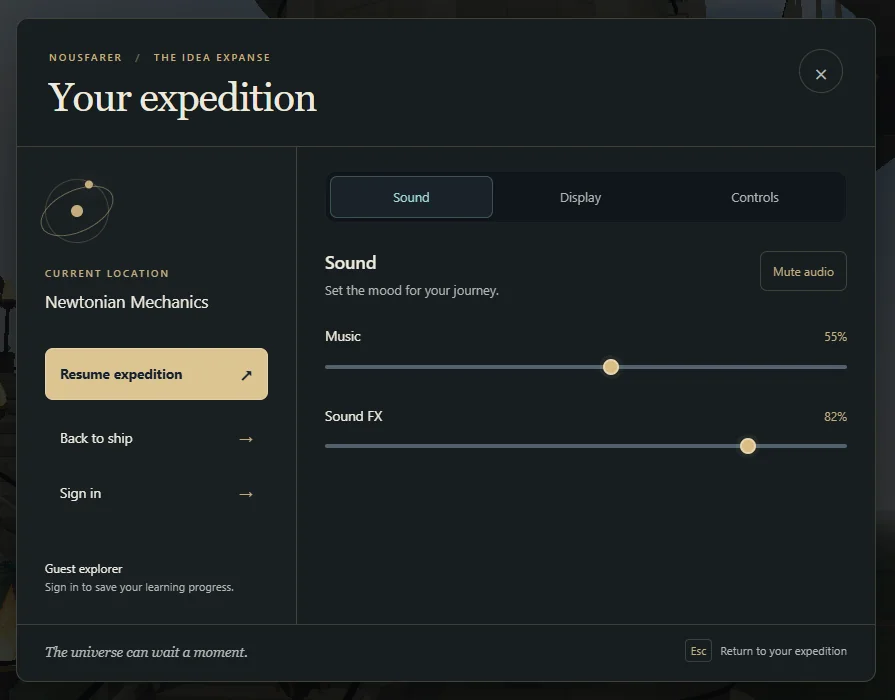 The Your expedition menu over a dimmed institute scene, with Resume expedition, Back to ship and Sign in on the left and Sound, Display and Controls tabs on the right.