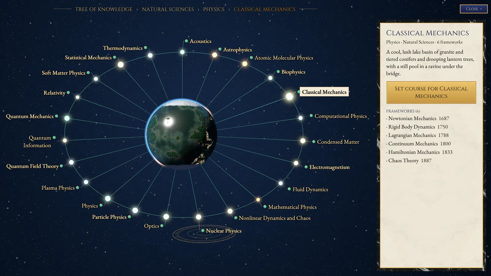The Physics system on the astrolabe: planets on a ring round a globe, Classical Mechanics selected, and its card listing six frameworks from Newtonian Mechanics 1687 to Chaos Theory 1887 under a Set course button.
