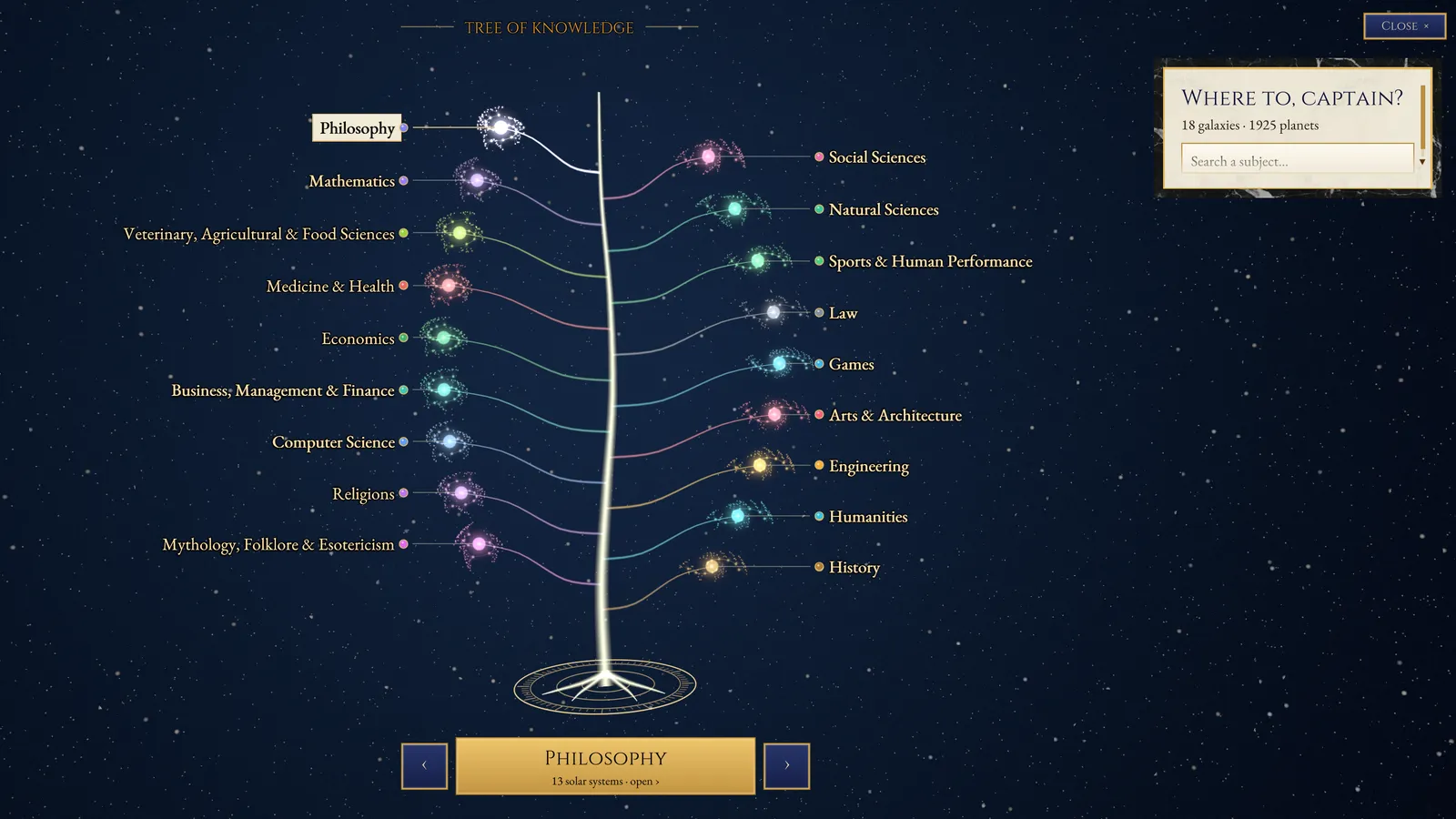 The astrolabe hologram: a glowing trunk with galaxies of knowledge on its branches, Philosophy highlighted at the top, a Where to, captain? card with a search field at the right.
