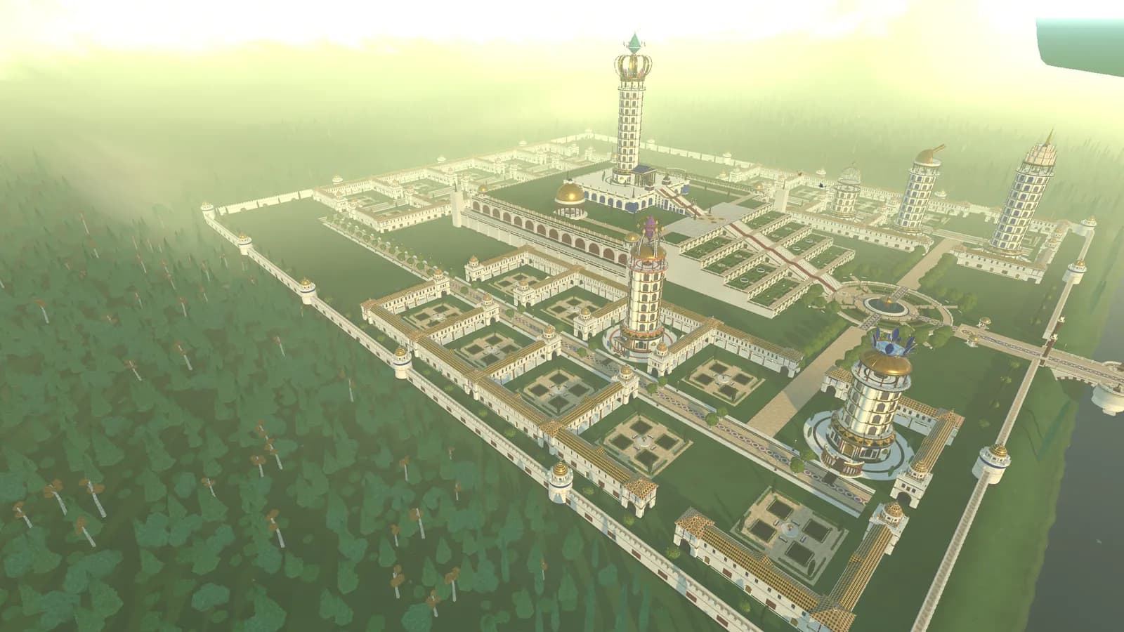 A walled city from the air: towers in arcaded courts, terraces and a park climbing to an acropolis crowned by the tallest tower, forest all round the walls.