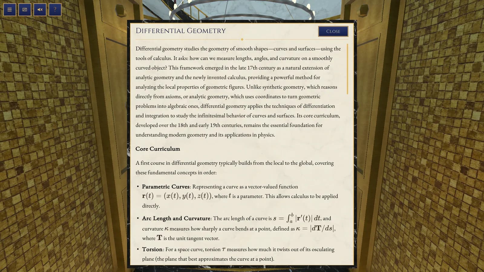 A concept article open on the reading page: Differential Geometry, its introduction, and a Core Curriculum list with typeset formulas for parametric curves, arc length and curvature.
