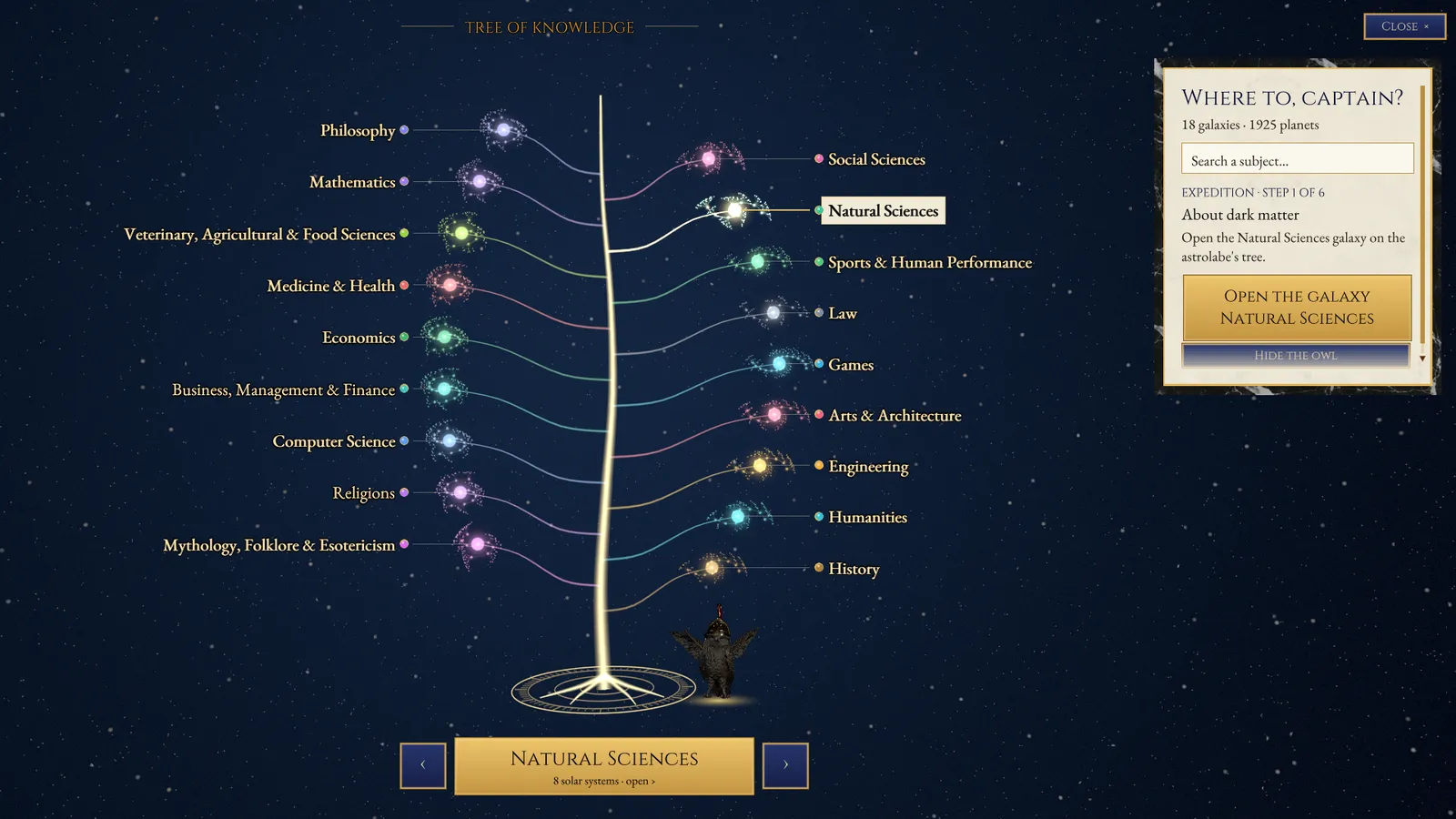 The astrolabe's Tree of Knowledge with the route lit in gold toward Natural Sciences, the owl perched at the foot of the tree, and the card Expedition step 1 of 6 with Open the galaxy Natural Sciences.