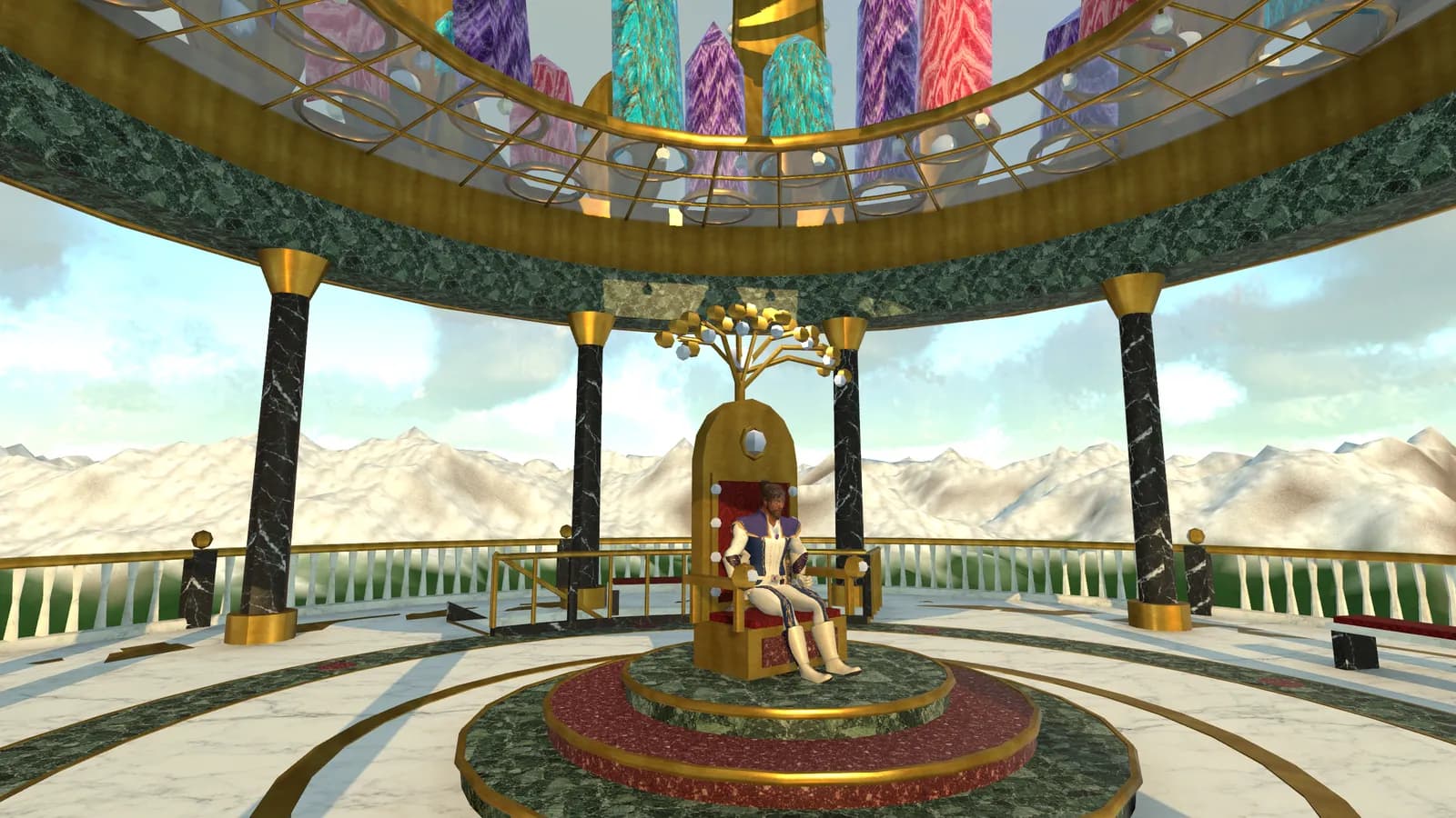 The crown room at the top of a tower: an open marble pavilion under a ring of crystals, the keeper seated on a golden throne on a round dais, snowy mountains beyond the balustrade.