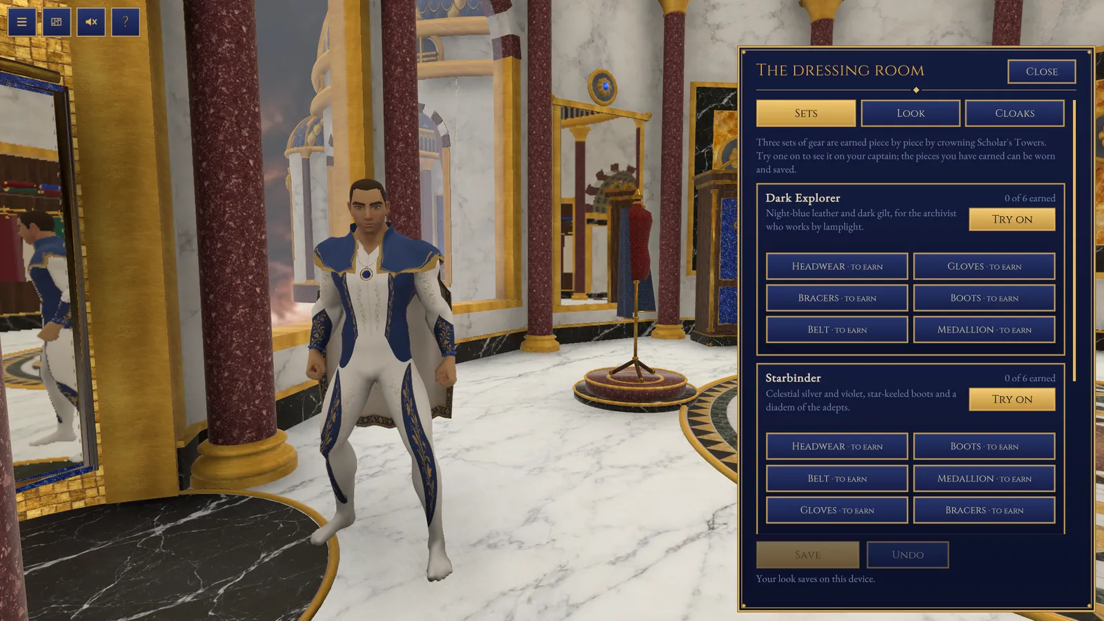 The captain in the dressing room beside the Dressing Room panel, with tabs Sets, Look and Cloaks and the Dark Explorer and Starbinder gear sets, each piece to earn.