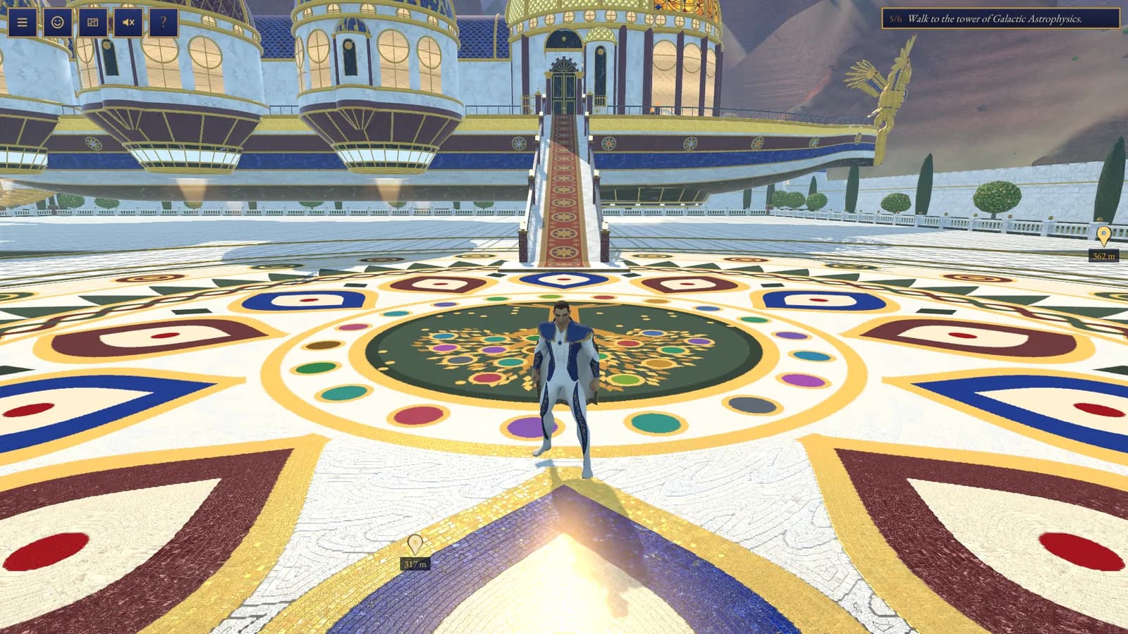 The captain on a city's landing field in front of the landed palace, gold pins with distances at the bottom and right edges of the screen, and the objective Walk to the tower of Galactic Astrophysics at the top right.