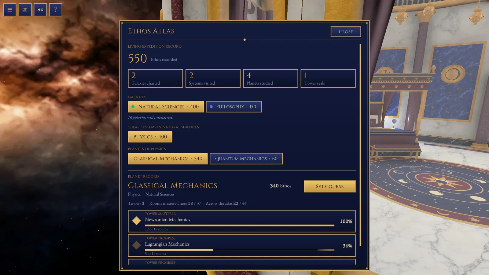 The Ethos Atlas: 550 Ethos recorded, galaxies charted, systems visited, planets studied and tower seals, then Classical Mechanics with its towers' progress bars and a Set course button.