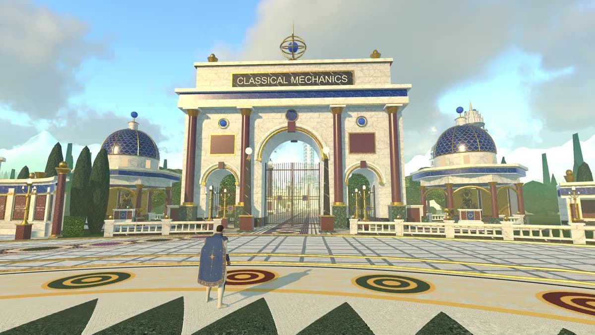 The captain on a city's landing field before the triumphal arch of Classical Mechanics, domed pavilions on either side.
