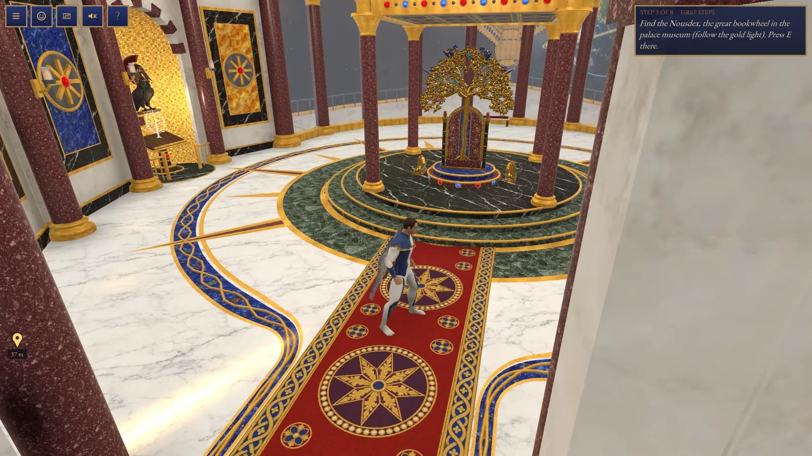 The captain walking down the throne room's carpet, a trail of light on the floor, a gold pin with its distance at the left edge of the screen, and the objective at the top right: Find the Nousdex, the great bookwheel in the palace museum.