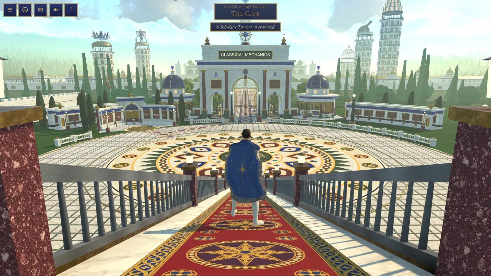 The captain at the top of the palace's carpeted gangway, looking down at a mosaic landing field and the triumphal arch of Classical Mechanics, towers beyond.