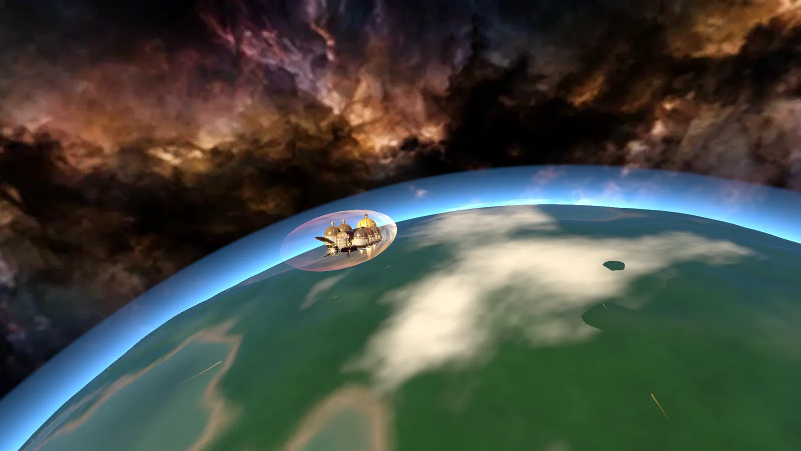 The palace ship, wrapped in a glowing shield, sweeping low over the curve of a green planet with clouds below and a nebula above.