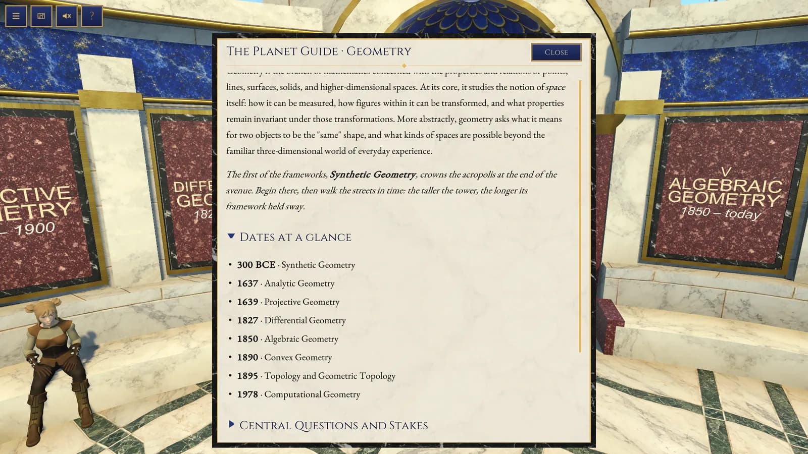 The Planet Guide's briefing for Geometry: an introduction to the subject, a note that Synthetic Geometry crowns the acropolis, and a list of dates from 300 BCE Synthetic Geometry to 1978 Computational Geometry.