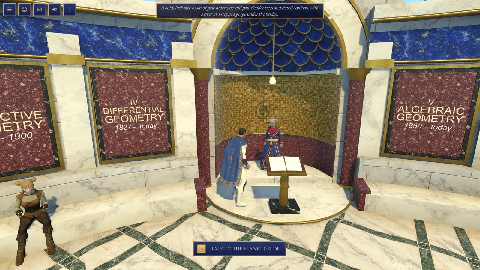 The captain standing at a lectern in a gilded alcove beside the Planet Guide, a woman in a blue gown; marble panels name the frameworks with their dates. A prompt reads Talk to the Planet Guide.