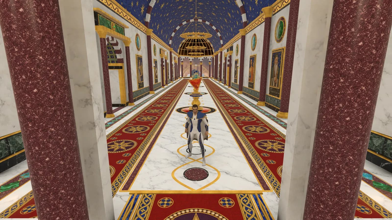 The grand corridor: a long hall of marble and red porphyry columns with patterned carpets, gilt lamps and doors on both sides, the throne room at the far end.