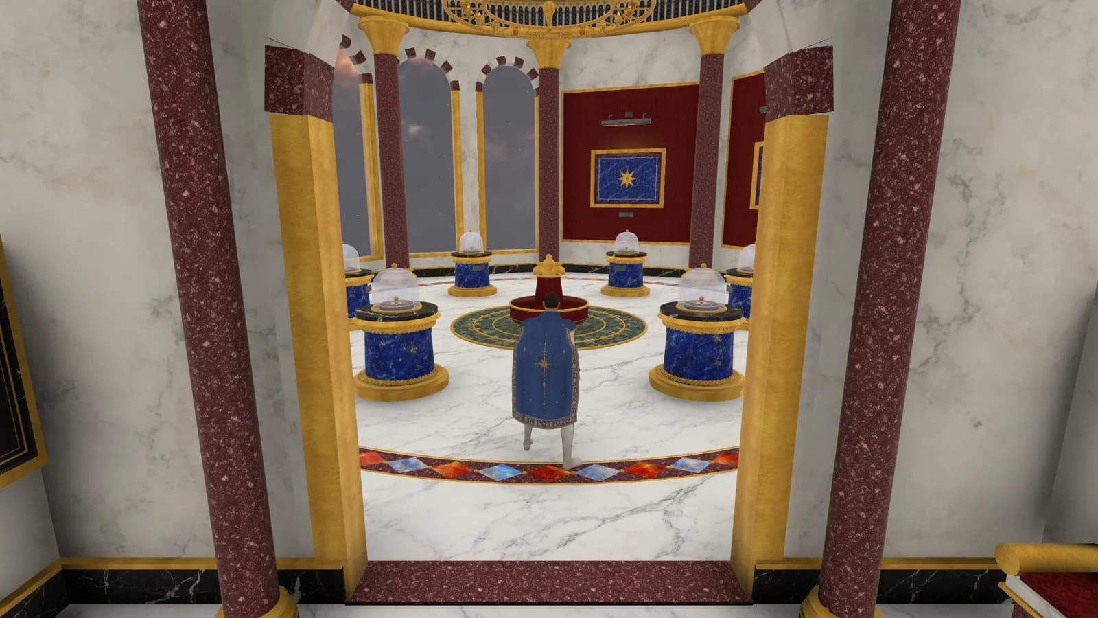 The sculpture gallery aboard the palace: lapis pedestals under glass cloches round a circular room, the captain walking in.