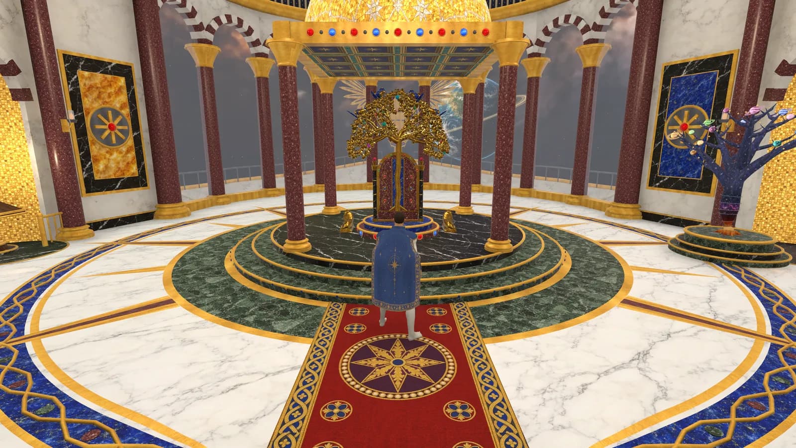 The palace's throne room: a gilded throne under a domed canopy on a round dais, the golden Tree of Knowledge, marble columns and a carpet leading to the throne.