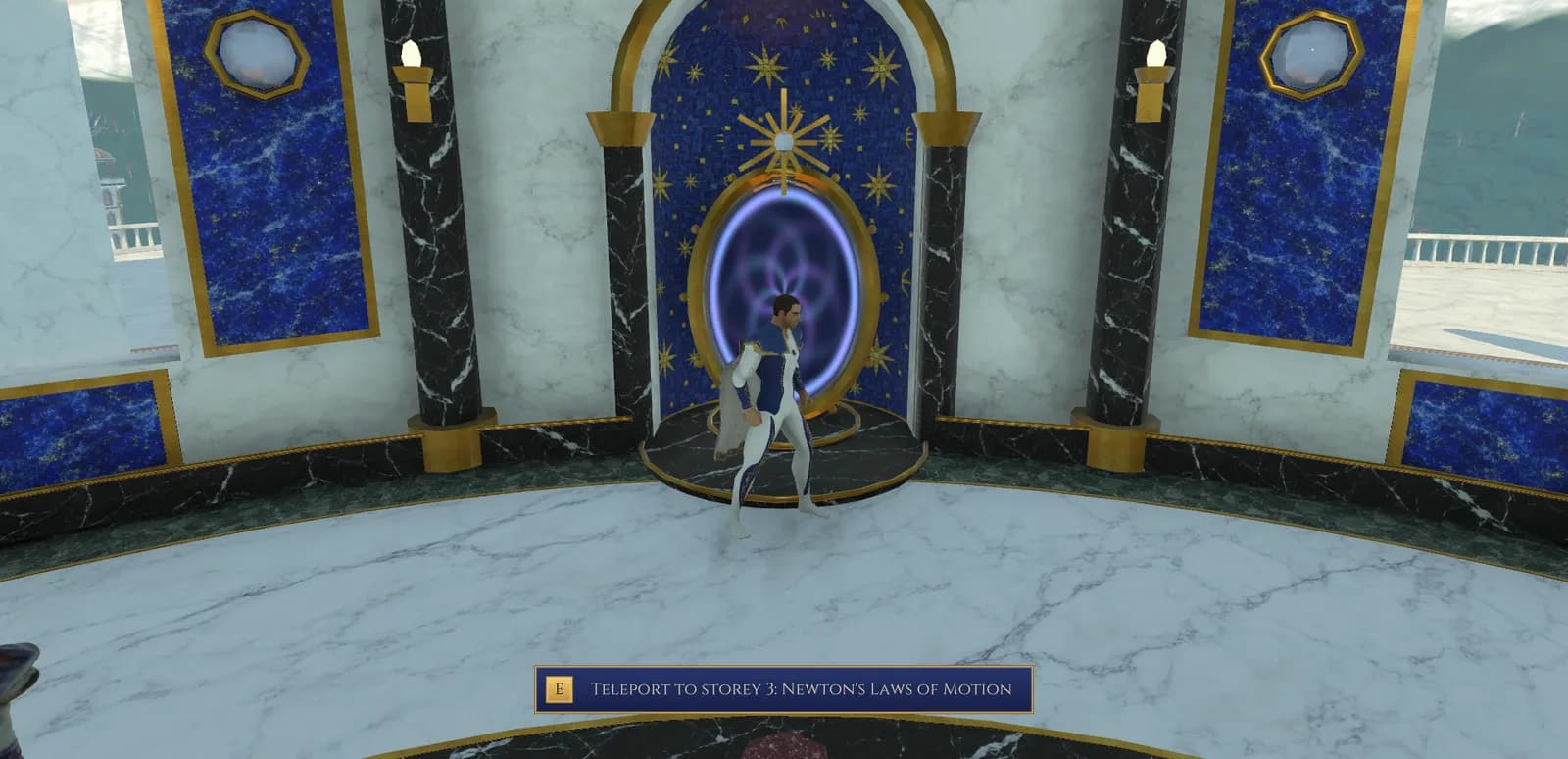 The captain standing before a teleporter: a glowing violet portal in a starry arch between lapis panels, with the prompt Teleport to storey 3: Newton's Laws of Motion.