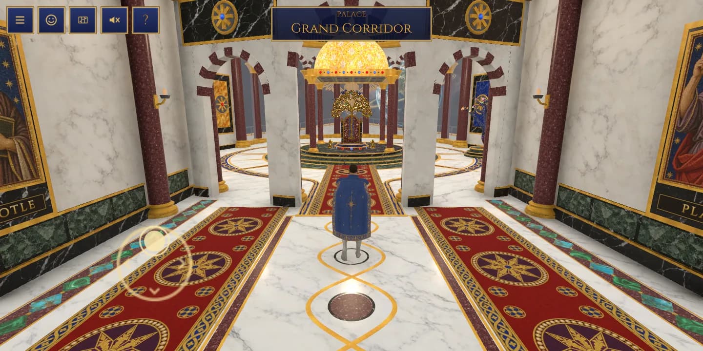 The game on a phone held sideways: the captain in the grand corridor, a gilt ring under the left thumb for walking, and the command bar at the top left.