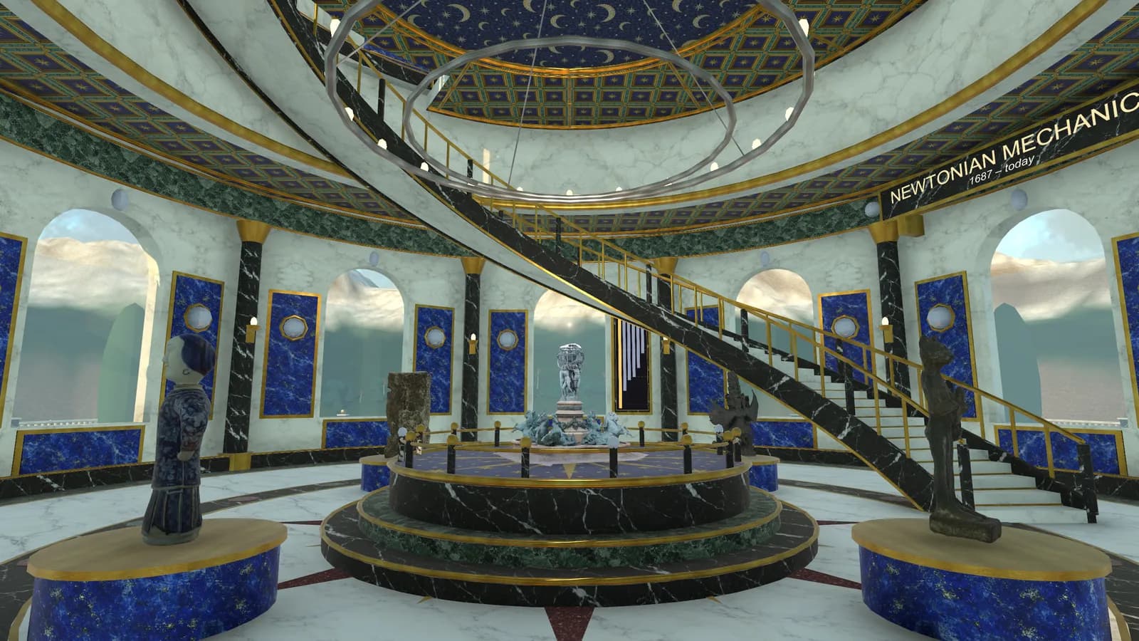 A tower's round hall: a marble stair spiralling up past arched windows, a monument on a central dais, statues on lapis plinths, the framework's name in gold, Newtonian Mechanics, 1687 to today.