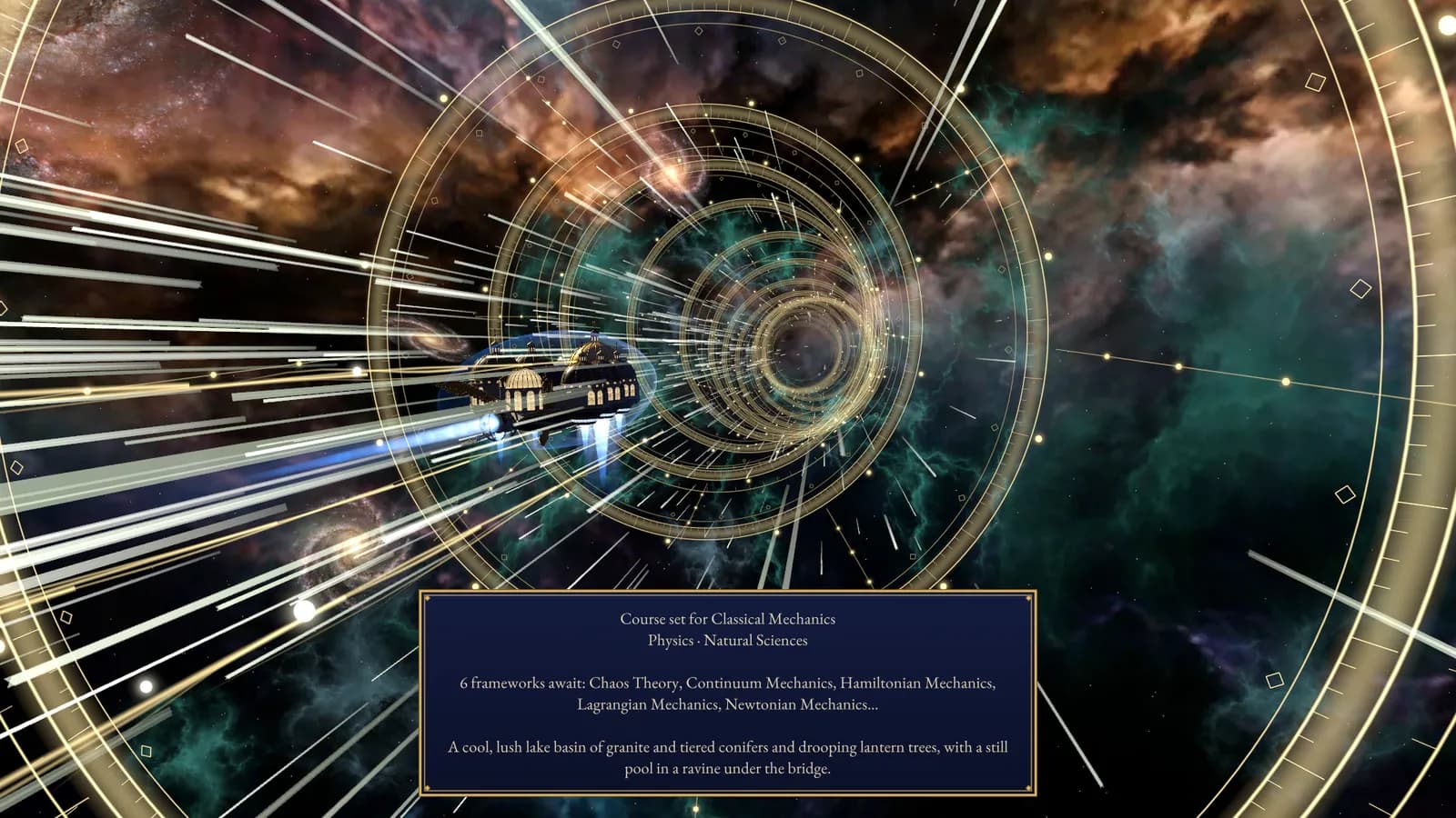 The palace ship racing through the golden rings of the warp tunnel, streaks of light all round it, a card reading Course set for Classical Mechanics.