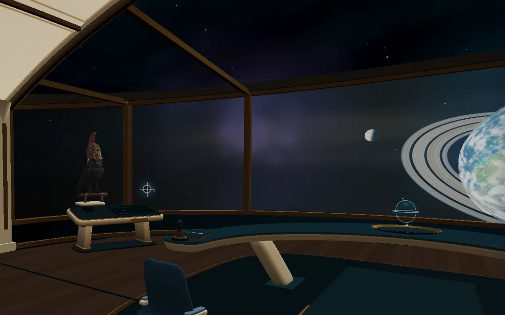 The ship's bridge: Copilot's desk and the helm chair, with a ringed planet outside the window.