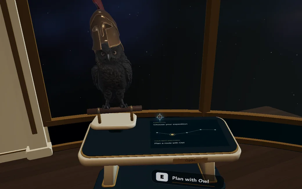 Copilot, a bronze-helmeted owl, perched above its expedition chart on the bridge.