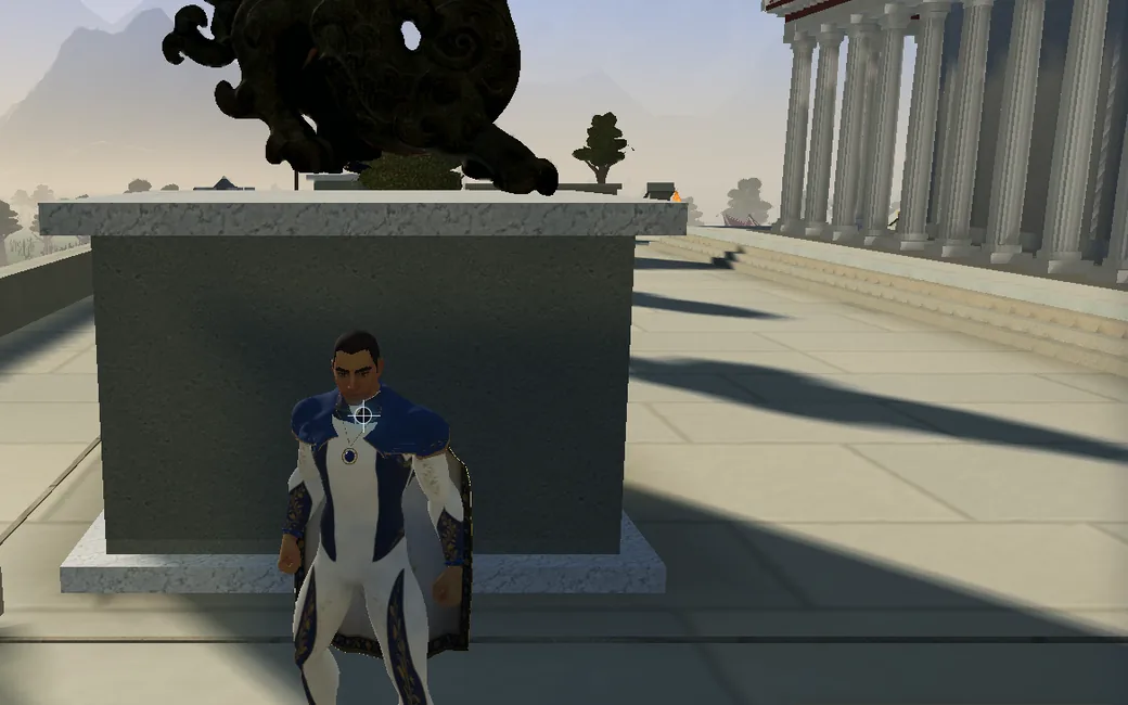 An explorer in a blue-and-white outfit beside a bronze sculpture on the Geology planet, with a Greek temple behind.