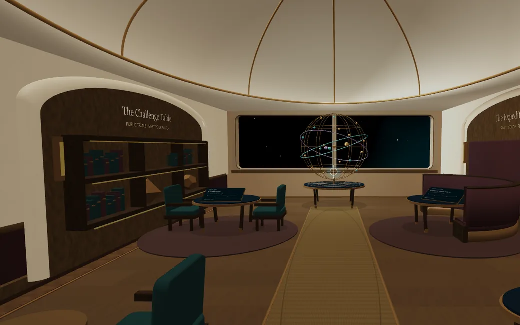 The Concordance Chamber aboard the ship, with the Challenge Table on one side and the Expedition Booth on the other.