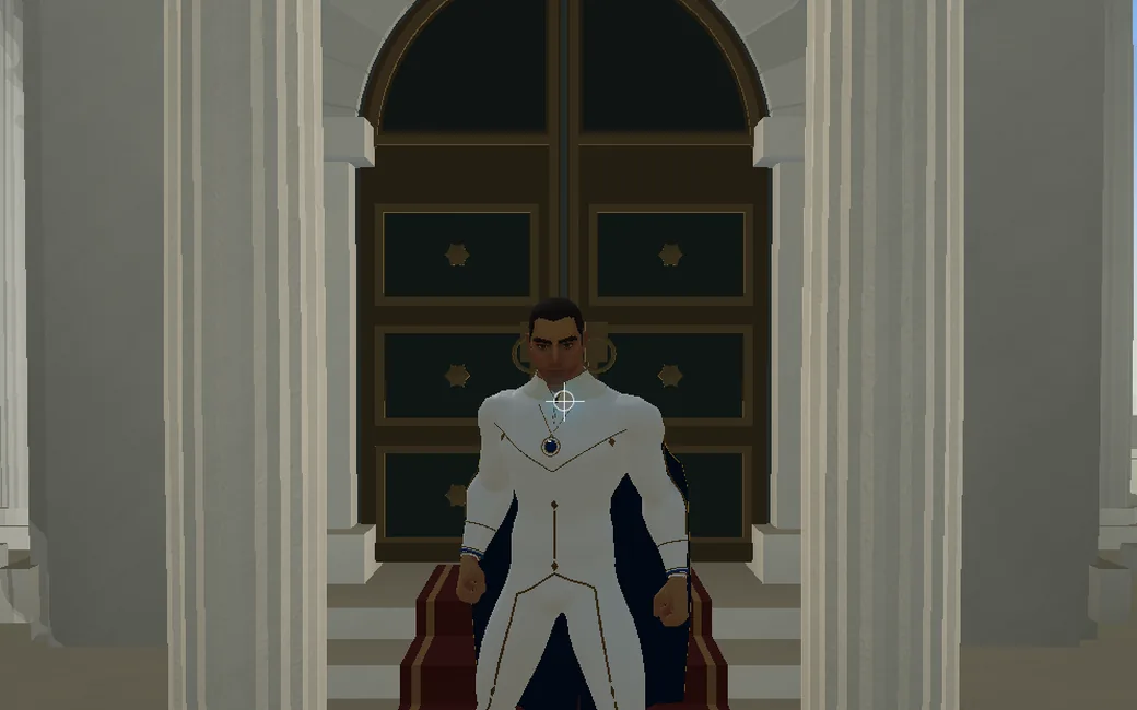 The explorer on a red carpet between marble columns at the doors of the Newtonian Mechanics institute.