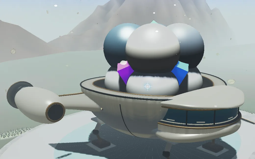 The ship landed on its pad on the Classical Mechanics planet, with a snowy mountain behind.