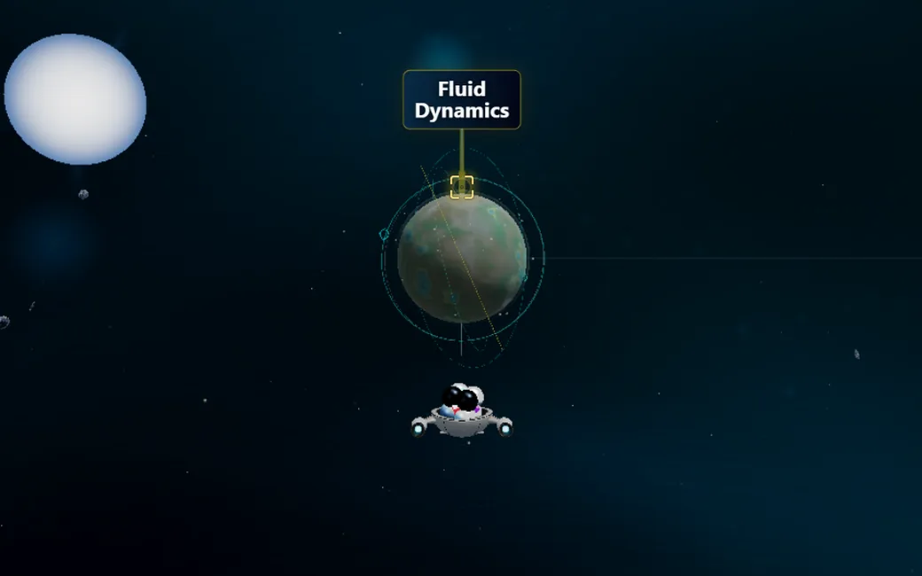 The ship approaching a subfield planet in the Physics system, with the system's star to one side.