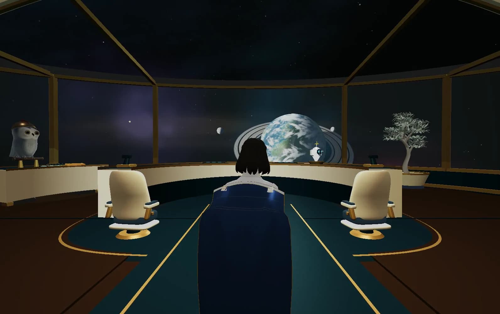 The captain aboard the Observatory ship, facing the panoramic bridge and a ringed planet beyond the helm.