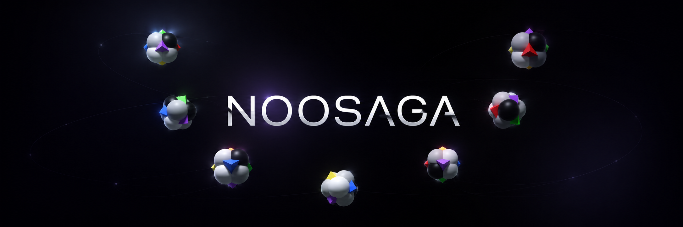 The Noosaga wordmark surrounded by multiple views of the 3D logo object