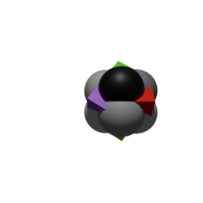 A rotated render of the 3D Noosaga logo object showing the sphere cluster and colored cube tips