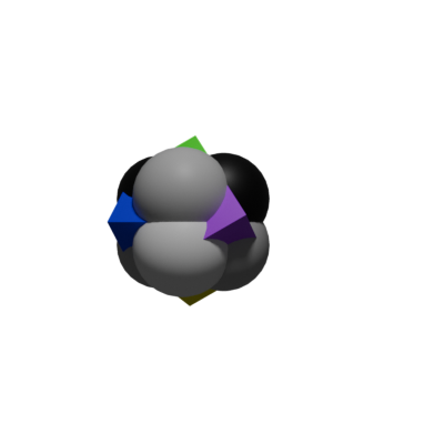 A side-angle render of the 3D Noosaga logo object showing spheres around colored cube tips